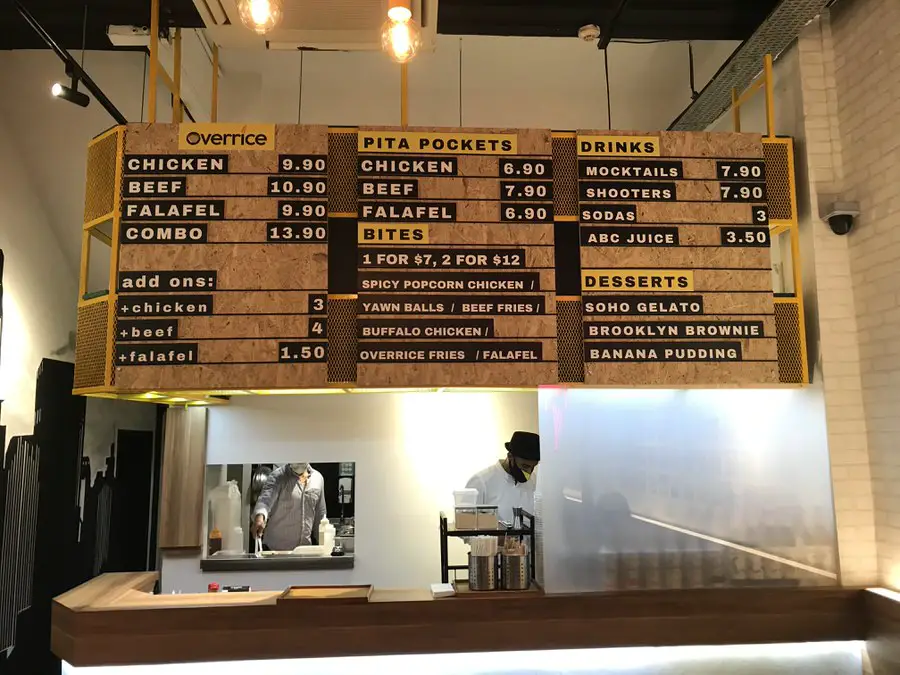 The menu board at Overrice